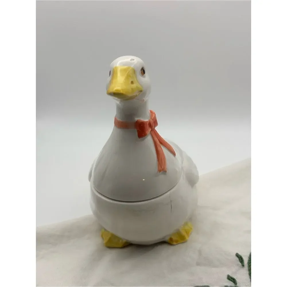 Vintage Otagiri Japan Ceramic White Goose Sugar Bowl with Orange Bow Collar